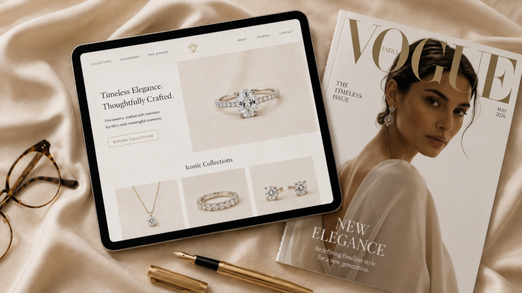 A tablet showing a jewelry website partially covered by a luxury fashion magazine on dark silk to illustrate off-page SEO through media mentions