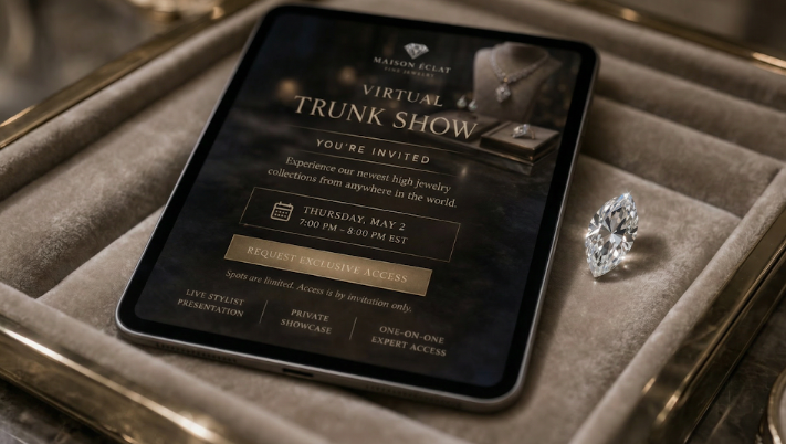 A luxury jewelry virtual trunk show invite on a tablet, showing how exclusive lead magnets work to capture high-end clientele.
