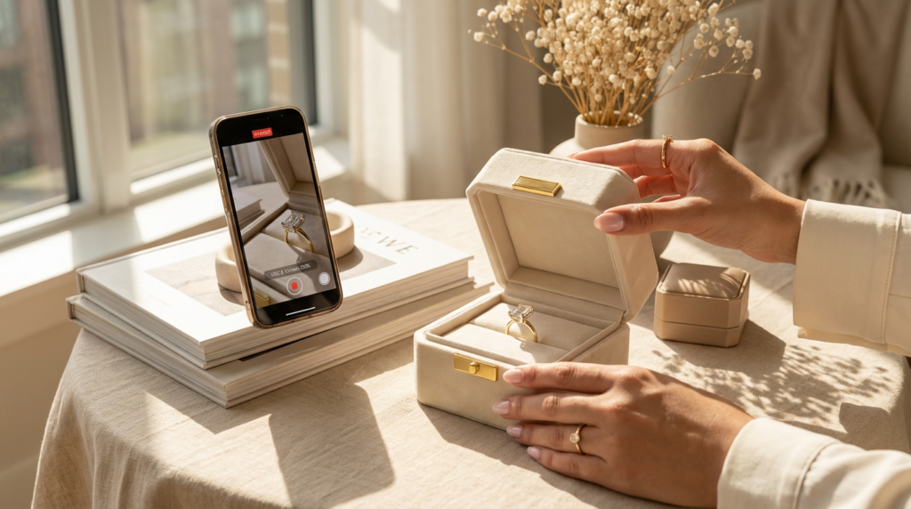 A selection of premium, branded jewelry packaging boxes in various colors, showcasing luxury presentation options for rings and necklaces.