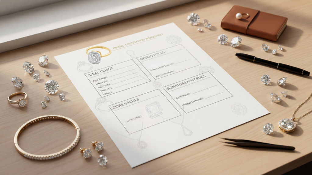 A worksheet graphic with fields like "Ideal Client," "Design Focus," "Core Values," and "Signature Materials