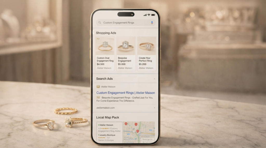 A smartphone displaying various google ads for jewelry including shopping ads, search ads, and local map pack results for custom engagement rings.