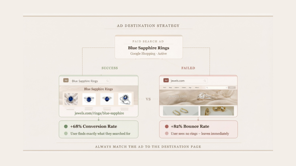 An infographic explaining ad destination strategy for google ads for jewelry, comparing high conversion rates from specific landing pages versus high bounce rates from generic homepages.