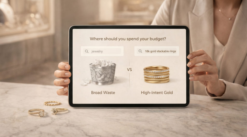 A tablet comparison showing how to spend a budget on google ads for jewelry by choosing high-intent long-tail keywords over broad, wasteful terms.