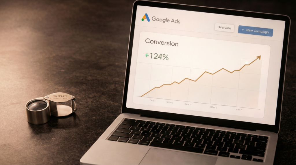 A laptop showing a Google Ads dashboard with a 124 percent conversion increase for a jewelry brand, illustrating the results of optimized google ads for jewelry.