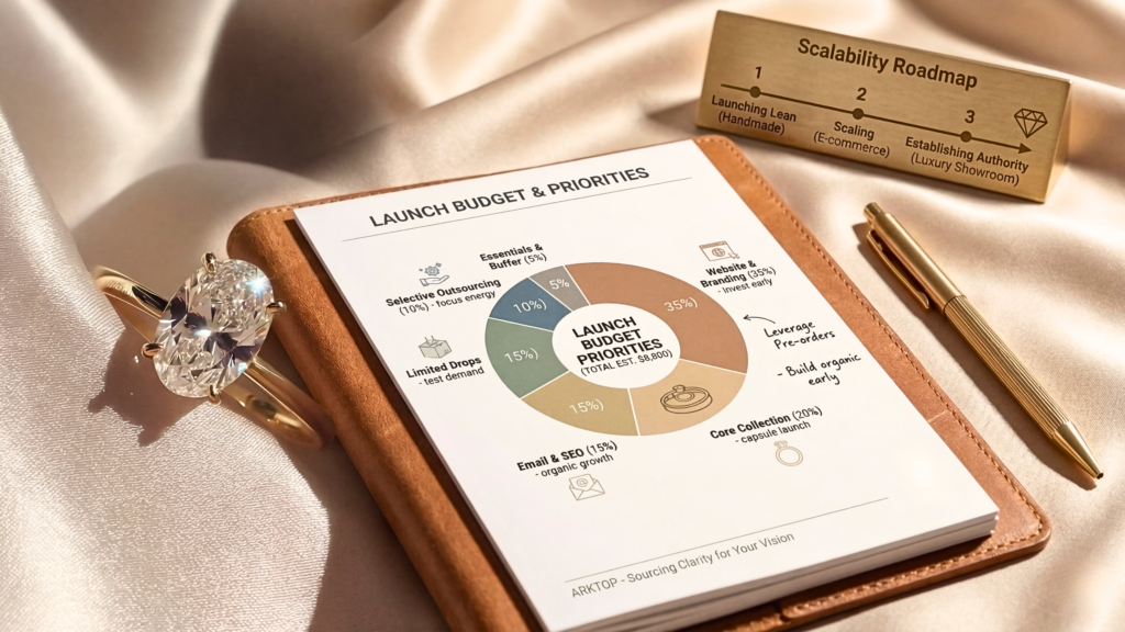 A marketing strategy layout for a luxury jewelry brand featuring a budget pie chart including SEO and branding, an oval diamond ring, and a gold 'Scalability Roadmap' plaque on a silk background.