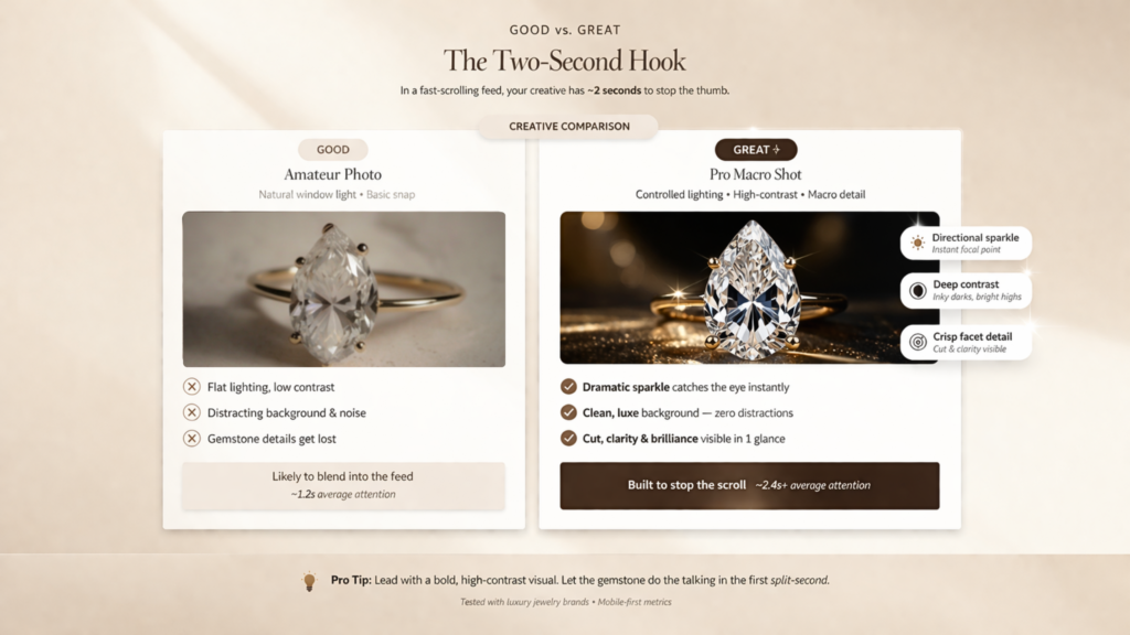 Creative comparison for facebook ads for jewelry showing an amateur photo vs a professional macro shot of a pear-shaped diamond ring with high contrast and sparkle.