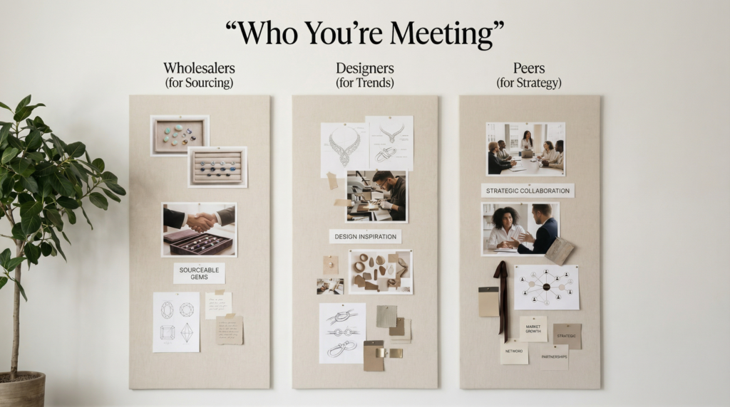 A mood board titled "Who You’re Meeting" showing networking categories for jewelry wholesalers, designers, and peers.