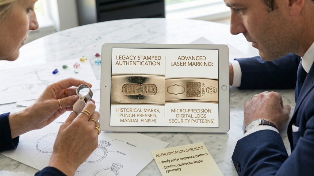 A tablet screen comparing a traditional 18K J.D. manual hallmark stamp on a gold ring against modern micro-precision laser marking for digital security logs.