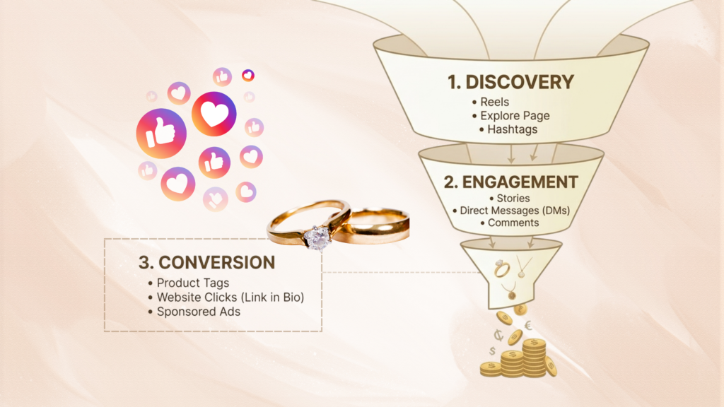 Social media marketing funnel diagram illustrating Discovery, Engagement, and Conversion stages for jewelry sales.