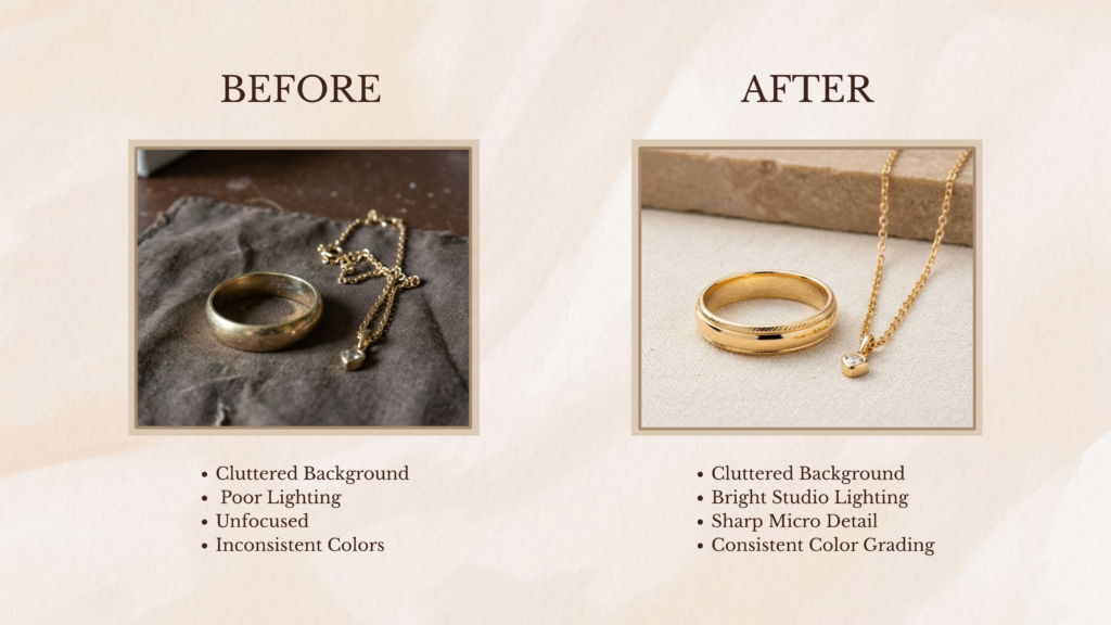 Before and after comparison of jewelry product photography showing improved studio lighting and micro detail.