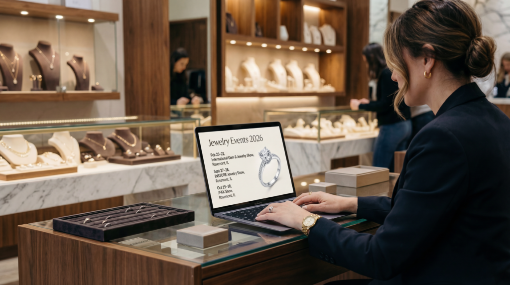 Laptop screen in a luxury jewelry store displaying a schedule of 2026 jewelry trade shows and industry events.