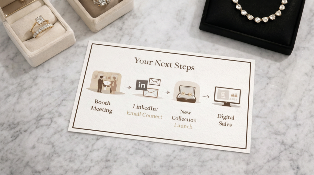 A "Your Next Steps" flowchart card detailing the process from trade show booth meetings to final digital sales.