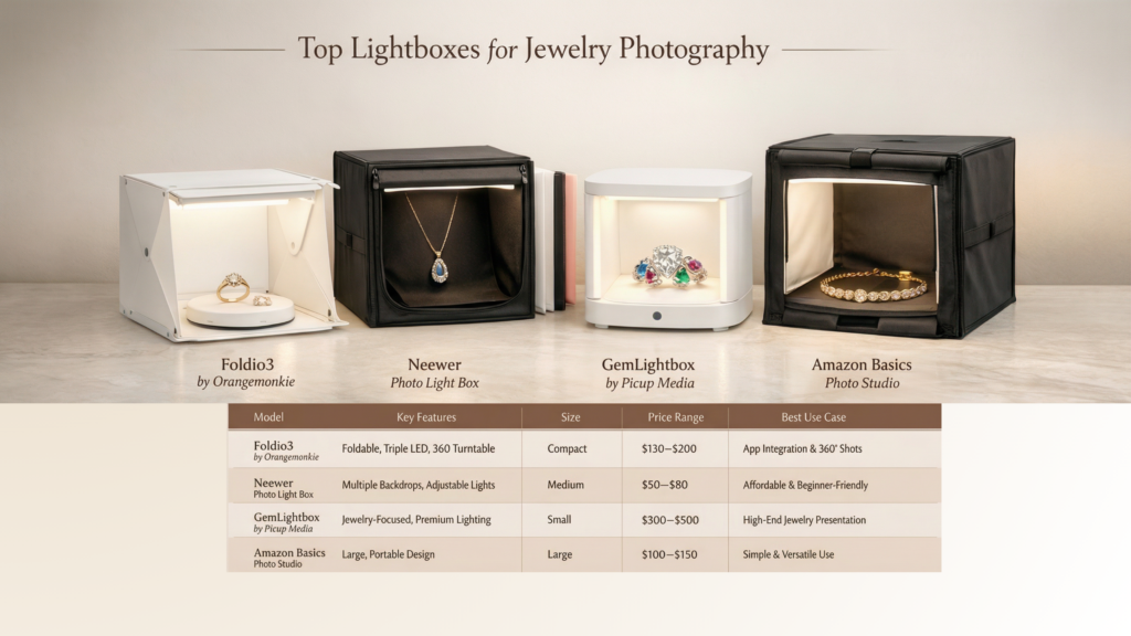 A comparison table of the best lightboxes for jewelry photography featuring Foldio3, Neewer, GemLightbox, and Amazon Basics with price ranges and key features.