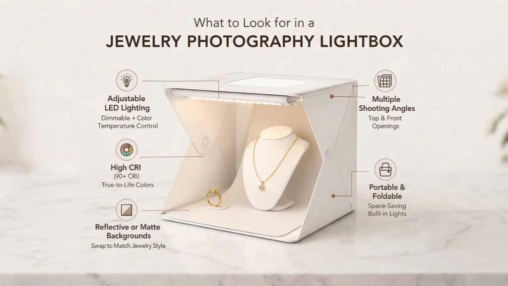 Infographic explaining what to look for in a lightbox for jewelry photography, highlighting adjustable LED lighting, high CRI, and multiple shooting angles.
