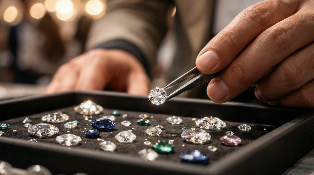 Close-up of a professional jeweler using precision tweezers to inspect a brilliant-cut diamond over a tray of gemstones.