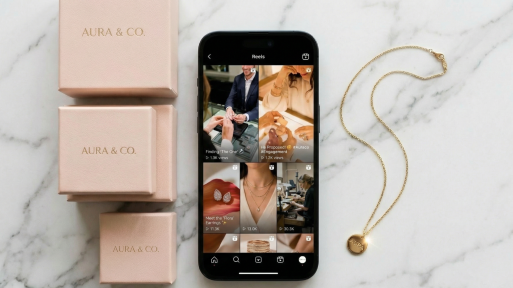 Flat lay of Aura & Co jewelry boxes, gold necklace, and smartphone displaying Instagram Reels feed.