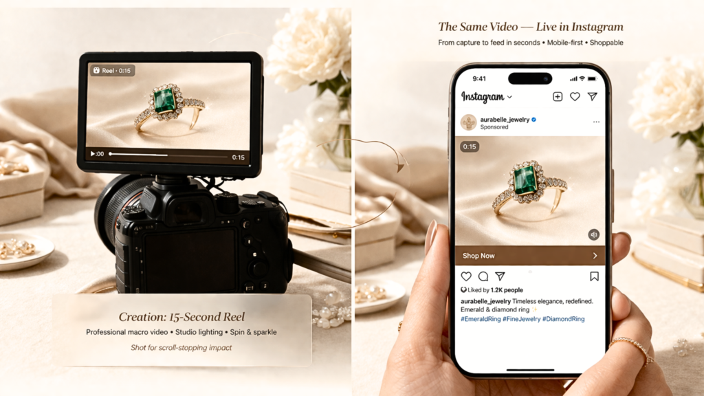 Comparison of a professional camera setup creating a 15-second jewelry reel versus its final appearance as a sponsored post on an Instagram mobile feed.