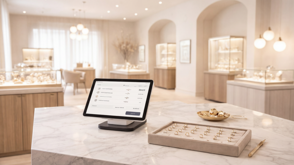A software dashboard screenshot of a POS system for jewelry stores showing specialized inventory fields for diamond carat, cut, clarity, and color (4Cs).