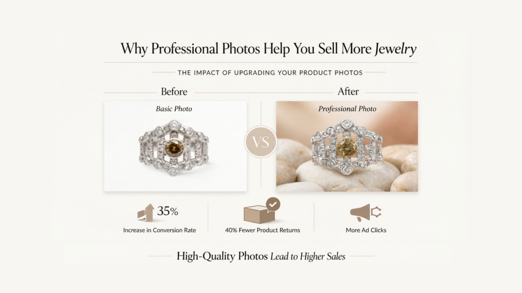 A graphic showing how a professional lightbox for jewelry photography can increase conversion rates by 35% and lead to 40% fewer product returns.