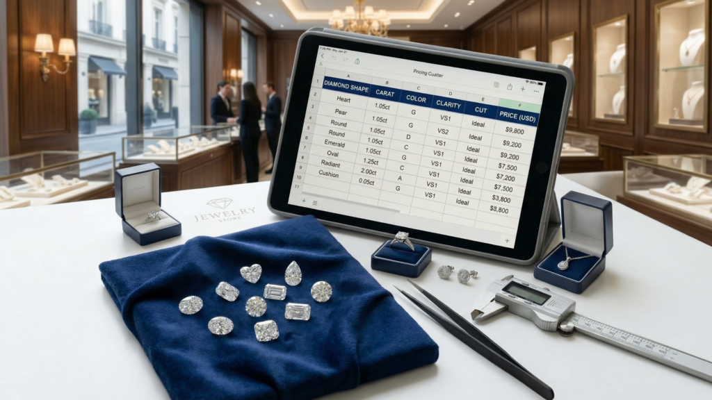 A digital tablet displaying a diamond pricing spreadsheet with columns for shape, carat, color, clarity, and cut, surrounded by various loose diamonds and jewelry tools in a luxury retail setting.