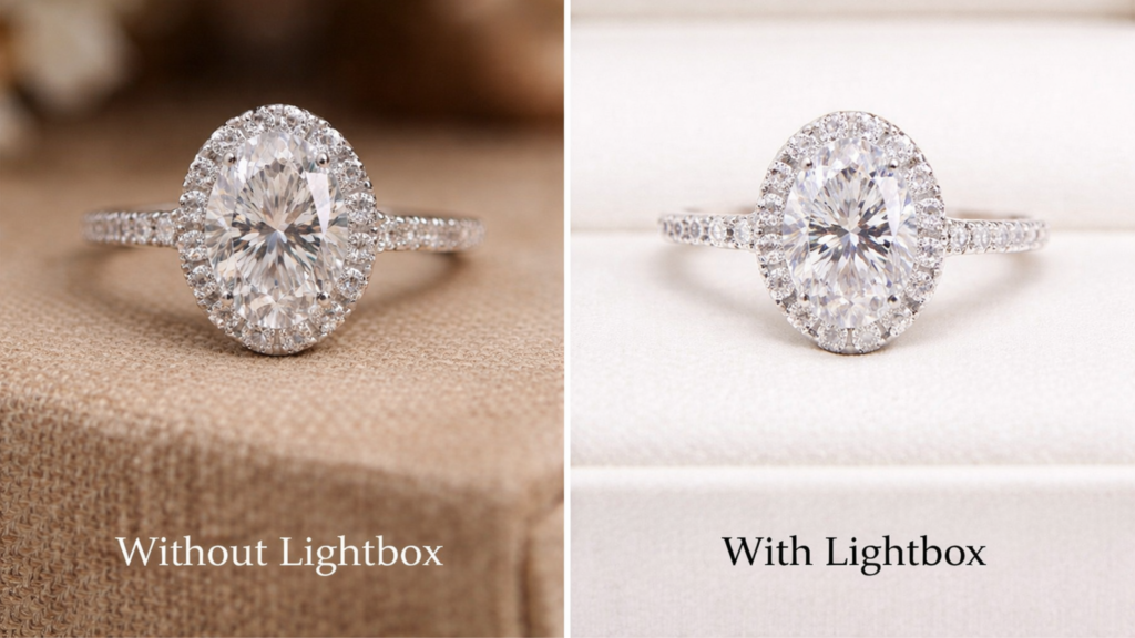 A side-by-side comparison of a diamond ring photo taken without a lightbox versus a bright, professional photo taken with a lightbox for jewelry photography.