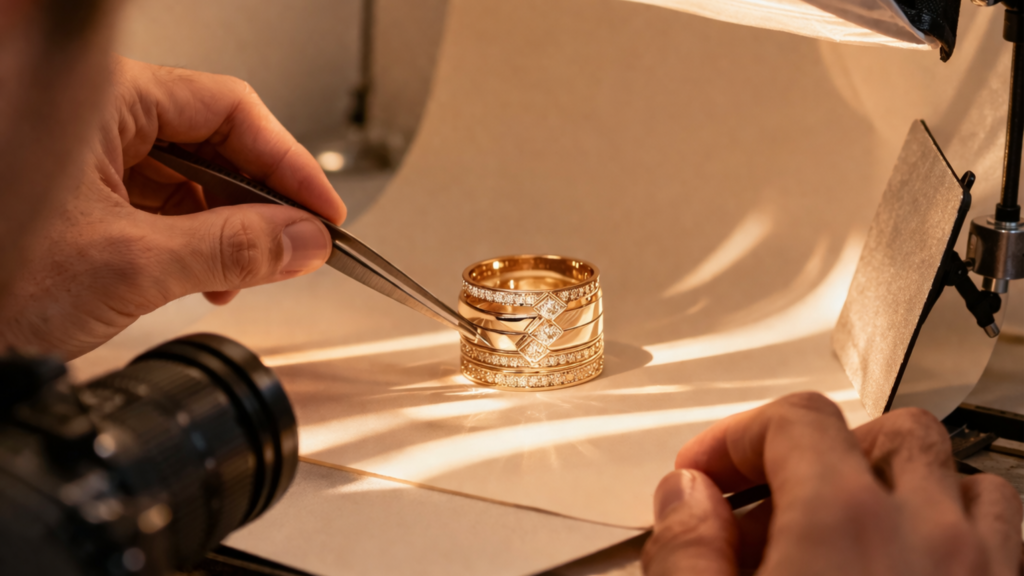 A close-up of a professional photographer using tweezers to position gold rings inside a professional studio lightbox for jewelry photography.