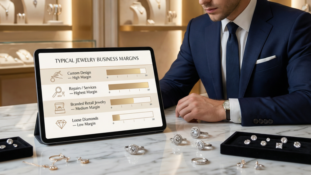 Tablet displaying typical jewelry business profit margins for custom design, repairs, retail jewelry, and loose diamonds.