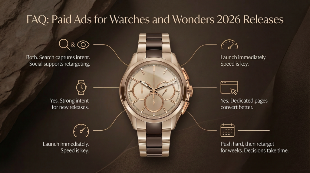 An FAQ guide for watches and wonders 2026 releases featuring a gold chronograph and tips on immediate launch speed and dedicated conversion pages.