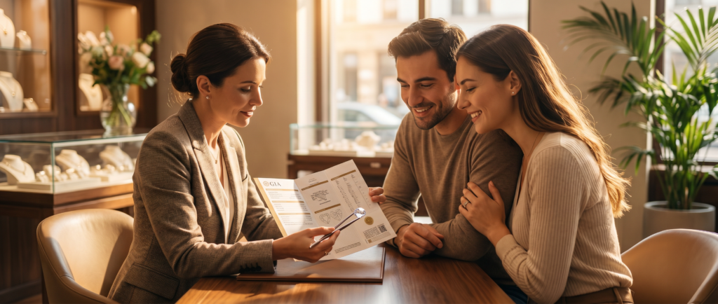 American Gem Society vs GIA editorial shot of a jeweler explaining to a couple, ephasizing trust and report accuracy