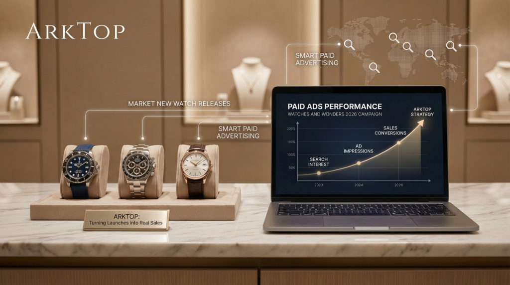 A marketing dashboard for ArkTop showing paid ads performance for a watches and wonder 2026 campaign with a steep upward trend in sales conversions.