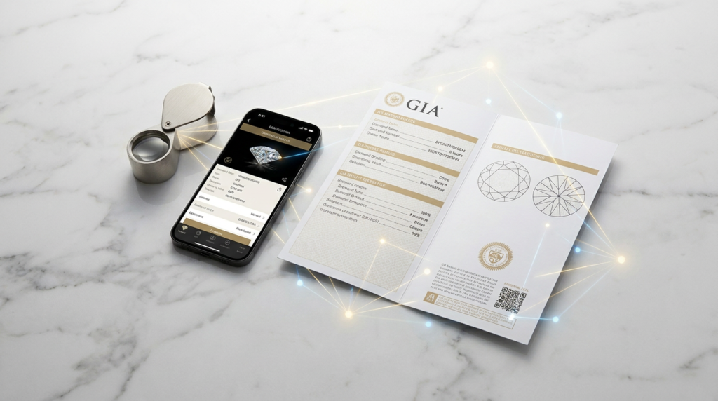 A smartphone scanning a GIA diamond grading report with digital node overlays, illustrating how providing machine-verifiable data makes your site "readable" by AI.
