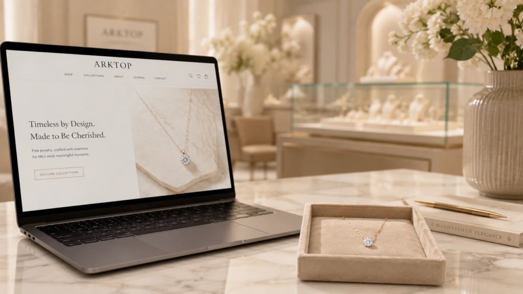 A sleek laptop on a white marble surface next to a velvet tray with a diamond pendant to highlight essential digital marketing tools and resources for luxury brands