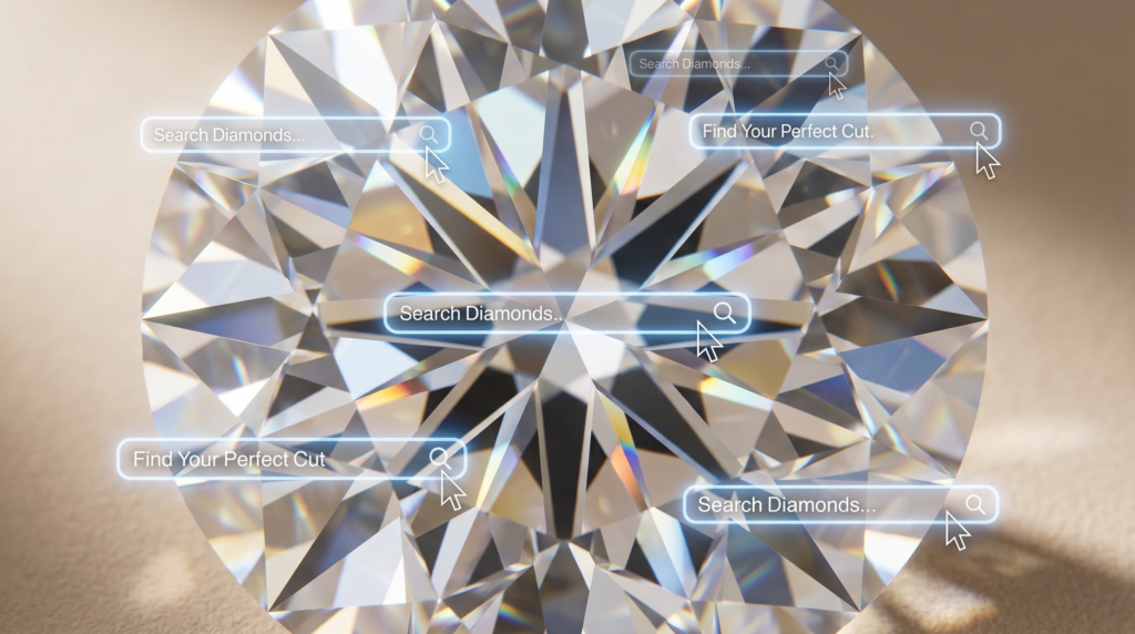 An ultra-macro shot of a diamond with translucent search bars ghosted over the facets, representing the digital search power of Google's AI Max.