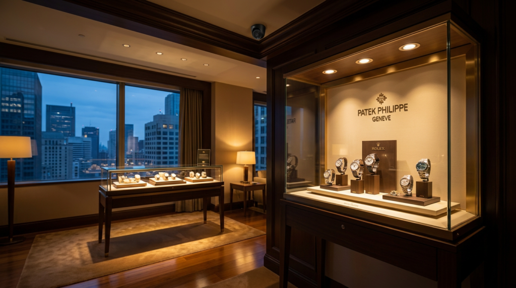 A luxury Patek Philippe watch display inside a boutique featuring a visible ceiling-mounted dome camera for comprehensive jewelry store security and surveillance.