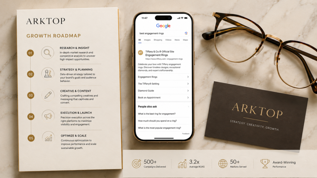 A digital marketing roadmap alongside a smartphone displaying a top search result for a luxury brand, representing the Information Gain and authority provided by digital marketing web experts.