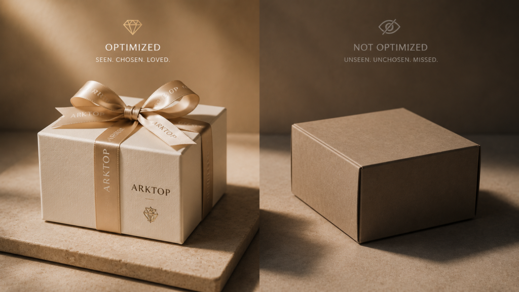 A side-by-side comparison showcasing a premium cream box wrapped with a satin ribbon labeled Optimized versus a plain brown cardboard box labeled Not Optimized, highlighting the importance of targeting strategic keywords for selling jewelry to gain search visibility.
