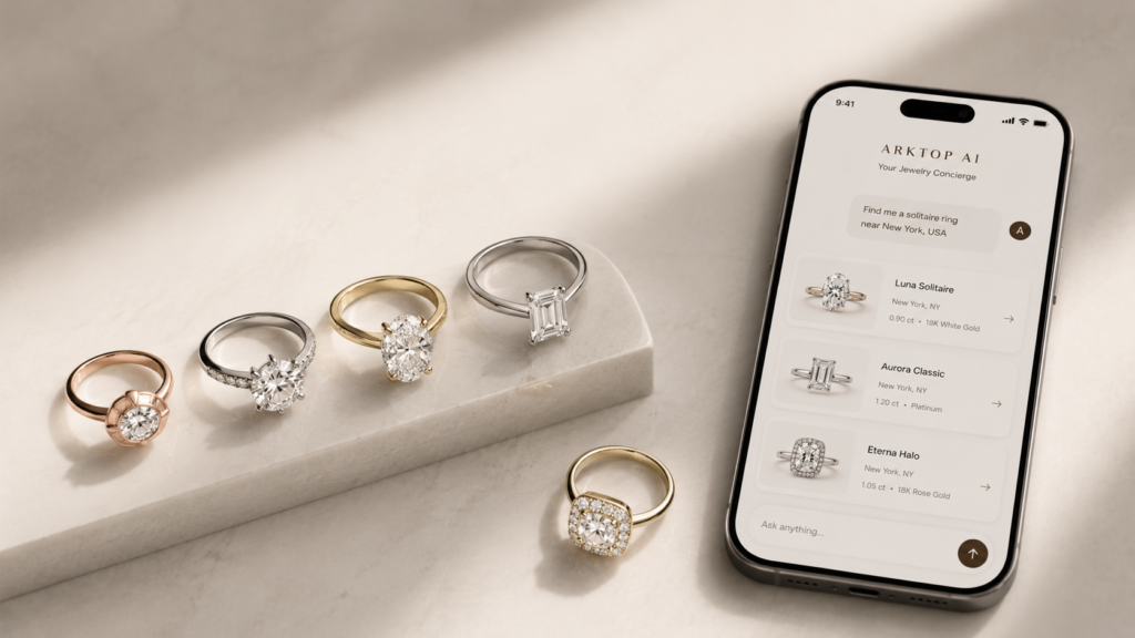 A smartphone open to an AI assistant messaging chat history that matches user queries for solitaire settings next to a marble display containing a row of fine diamond engagement bands.