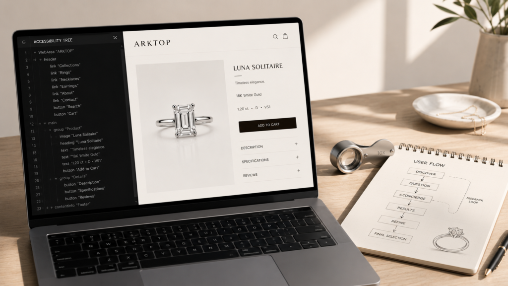 A laptop displaying an open side panel containing a clear web accessibility tree hierarchy alongside a luxury diamond ring product page, mapping programmatic site structure for clean digital lighthouse compliance.