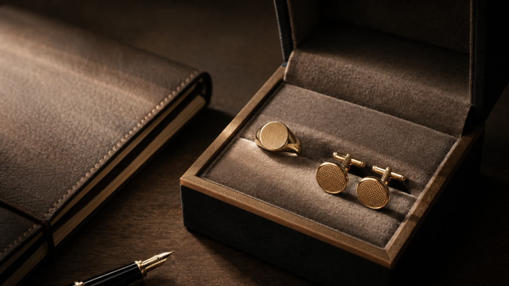 An open velvet gift box displaying a polished gold signet ring and matching textured gold cufflinks next to a leather journal, highlighting premium Father's Day jewelry ideas.