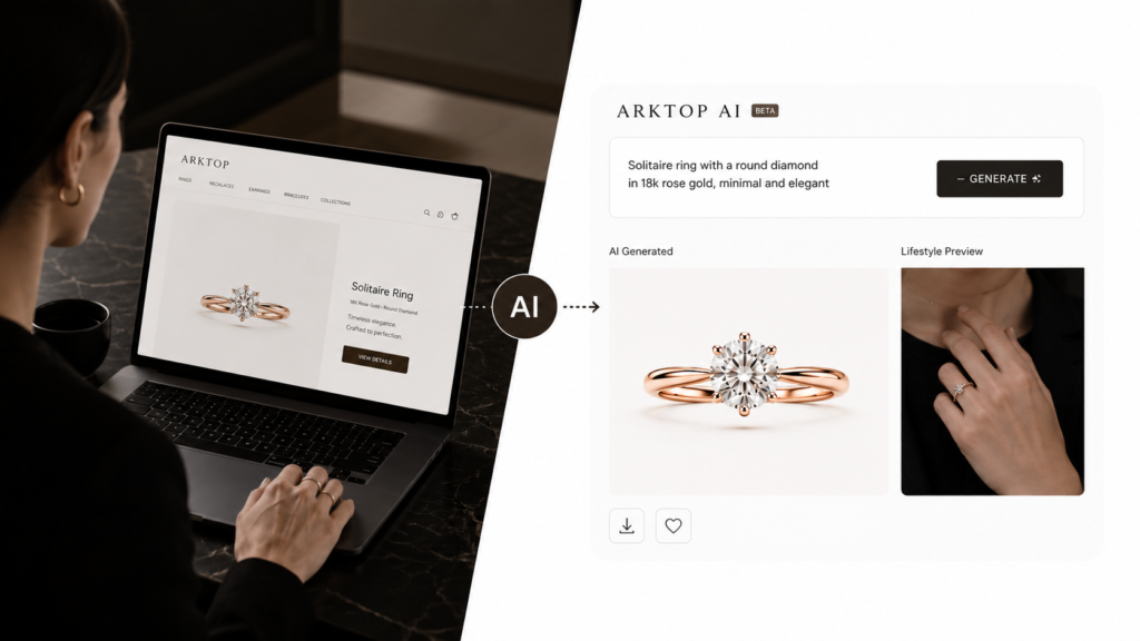 A split screen showing a professional using a laptop to view a solitaire diamond ring on the left while a prompt interface processes natural language commands to automatically display the matching ring variations on the right.