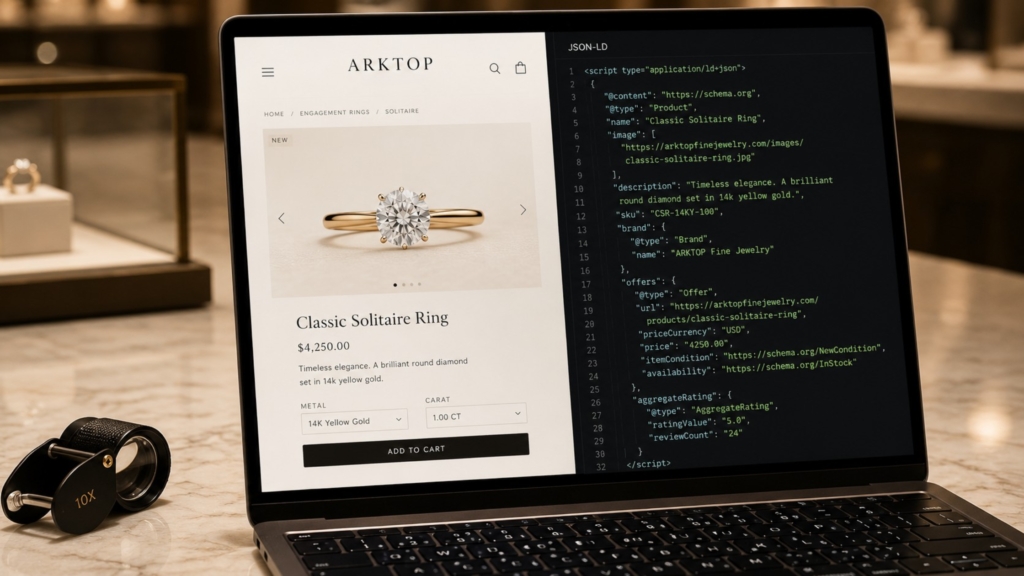 A laptop screen displaying a classic solitaire engagement ring product page alongside its structured JSON-LD Schema.org code block.