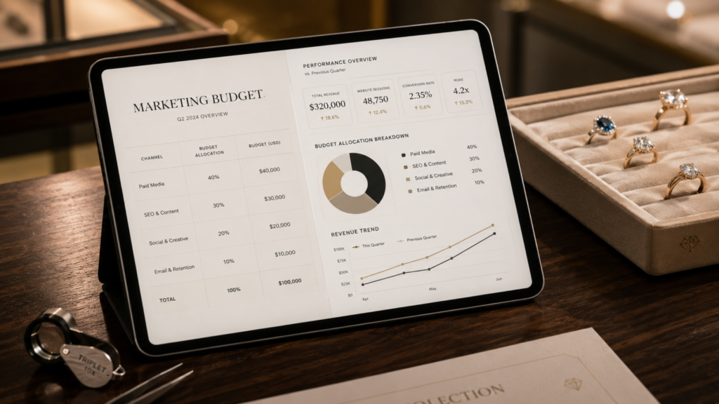 A tablet resting on a jeweler's desk showing performance overview analytics and quarterly revenue trends for a jewelry store digital marketing budget.