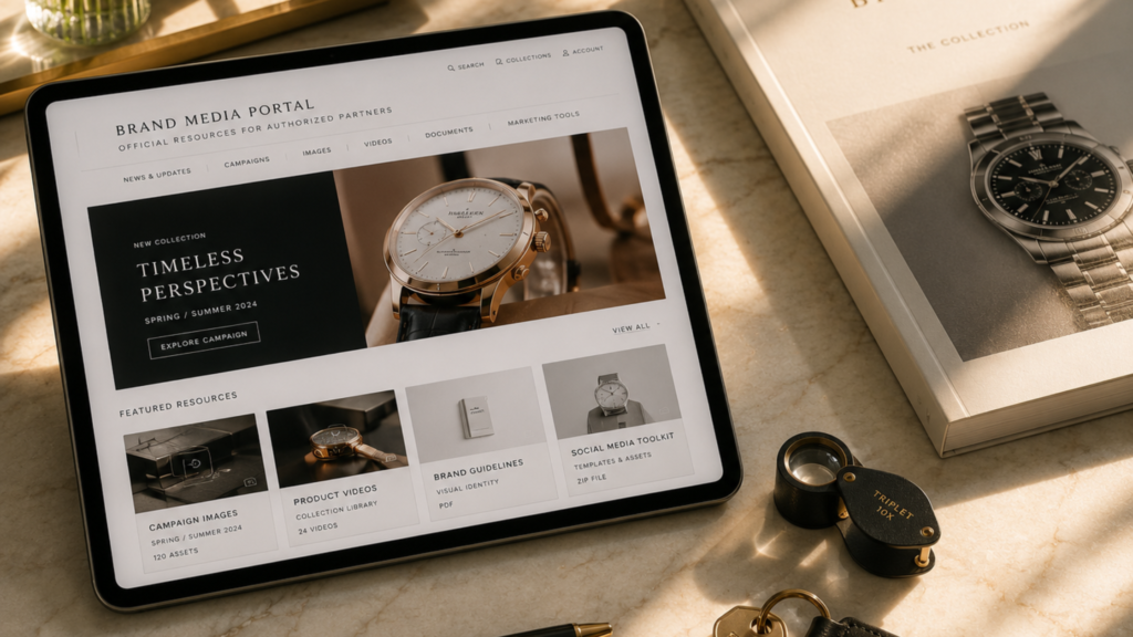 A tablet open to an official brand media portal alongside a watch brochure and loupe, following authorized dealer advertising guidelines for marketing assets.