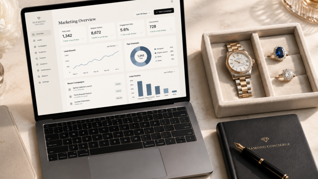 An open laptop displaying a luxury marketing analytics dashboard on a desk alongside a gold watch and diamond rings, showing how to leverage other sites like ChatGPT for business growth.