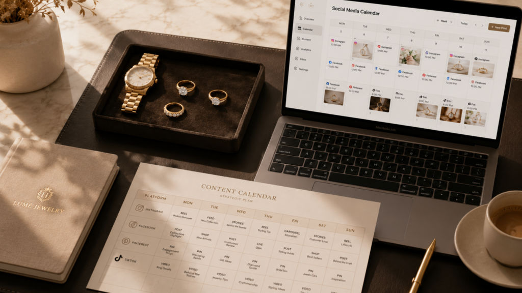 A laptop screen showing a digital marketing social media calendar next to a printed schedule, a luxury gold watch, and diamond rings on a desk to manage Facebook social sites.