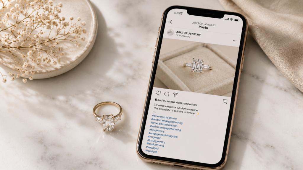 A smartphone displaying an Arktop Jewelry Instagram post featuring an emerald cut diamond ring alongside a list of specific niche hashtags.