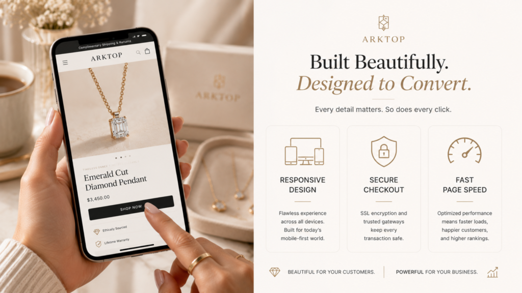 A smartphone displaying a mobile-friendly Arktop product page for an emerald cut diamond pendant necklace alongside a feature list highlighting shopify jewelry store themes.
