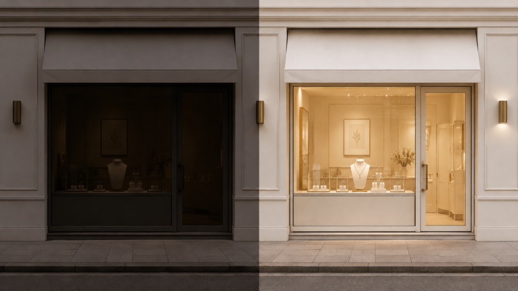 A split-screen comparison of a dark boutique window versus an illuminated jewelry storefront, representing effective jewelry marketing techniques.