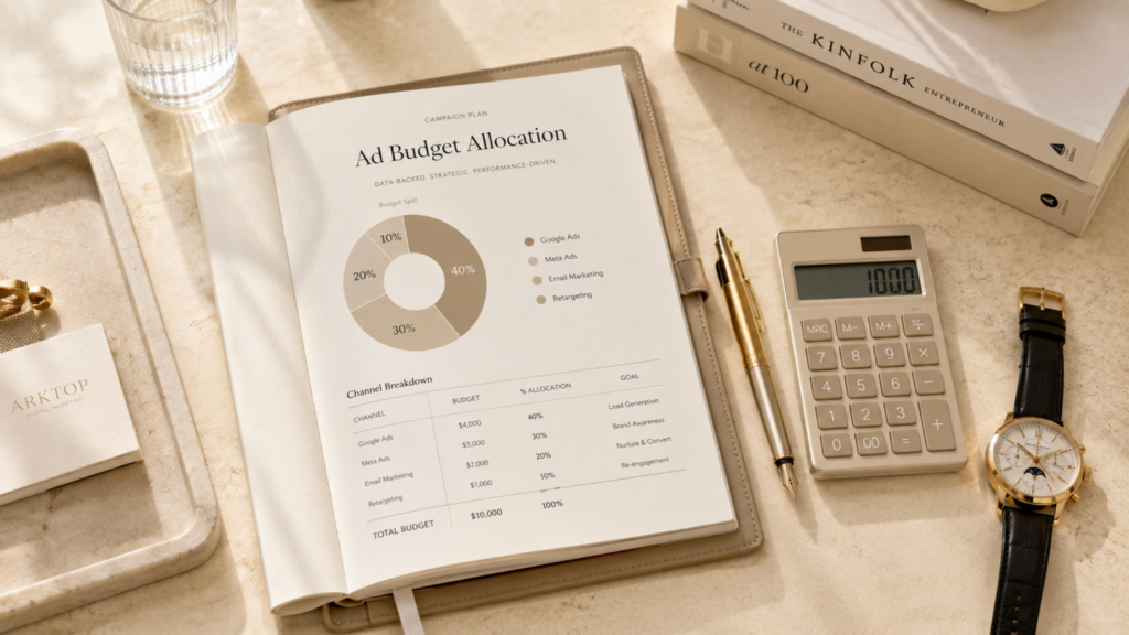 A campaign strategy planner showing an ad budget allocation pie chart alongside financial tracking tools for digital advertising resources.