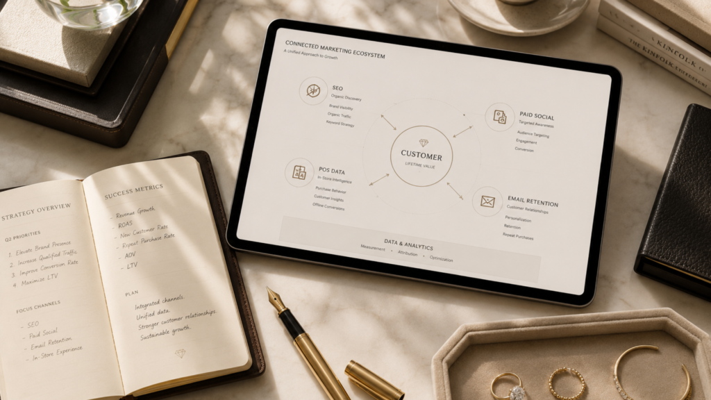 A tablet displaying a connected marketing ecosystem diagram next to a strategy notebook, showcasing integrated solutions from advertising agencies and digital marketing experts.
